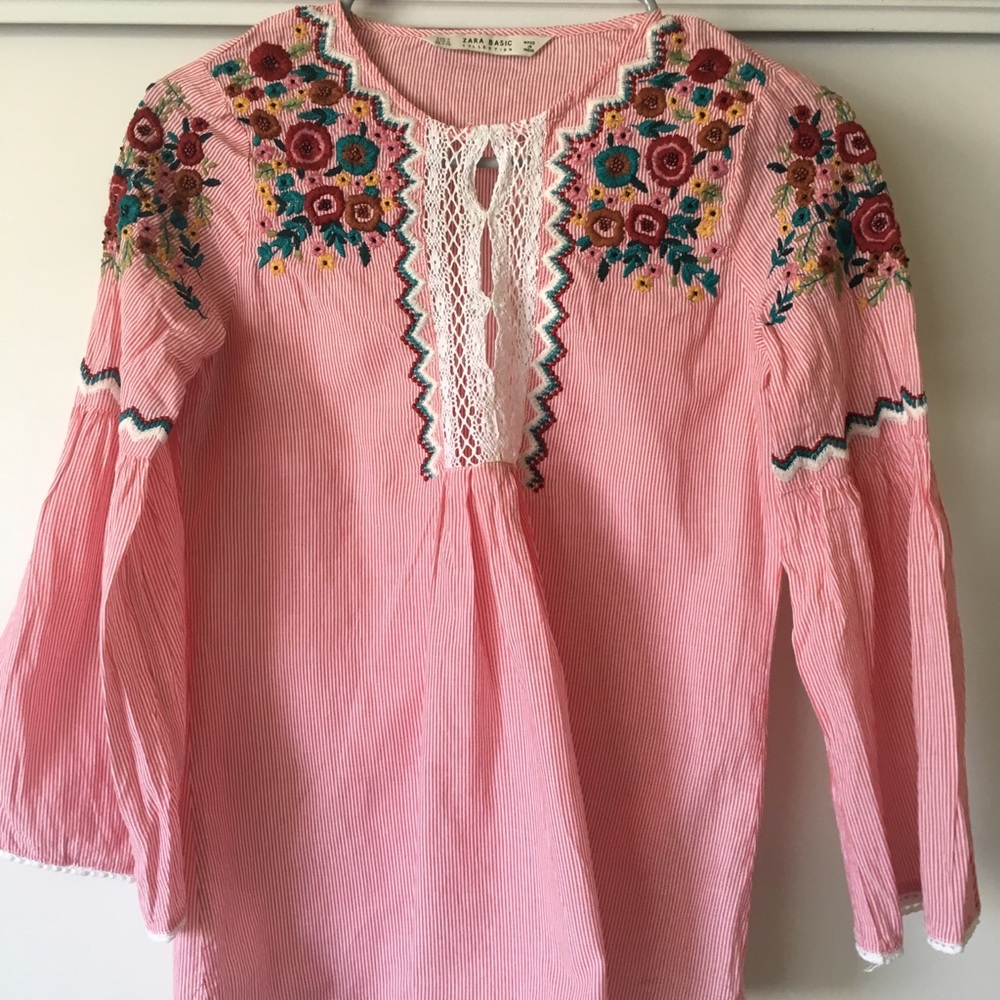 Zara Red White Striped Embroidered Peasant Top S